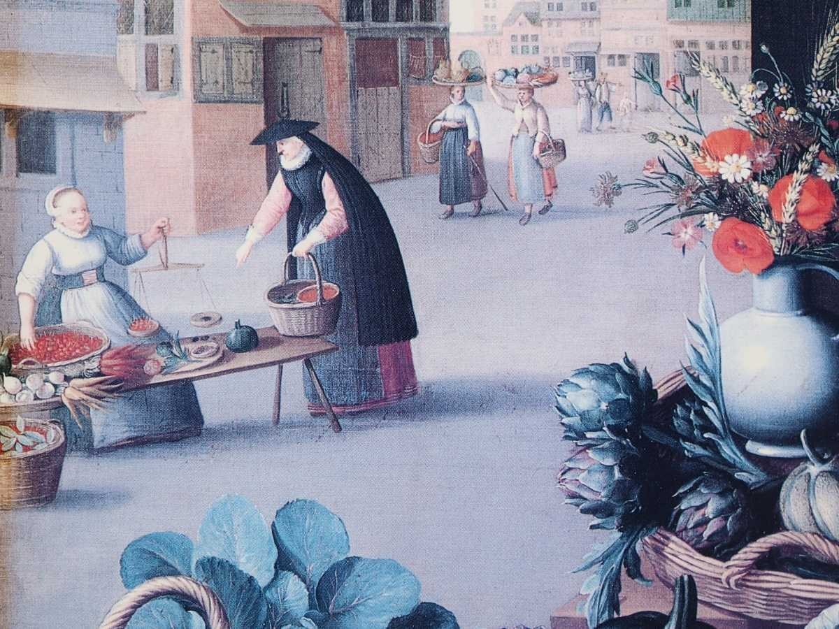 ルーカス・ファン・ファルケンボルフ 大塚工藝社オフセット「野菜市場」画40×20cm ベルギー人作家 市場で働く田舎の人々の生活を描く 6332_画像6