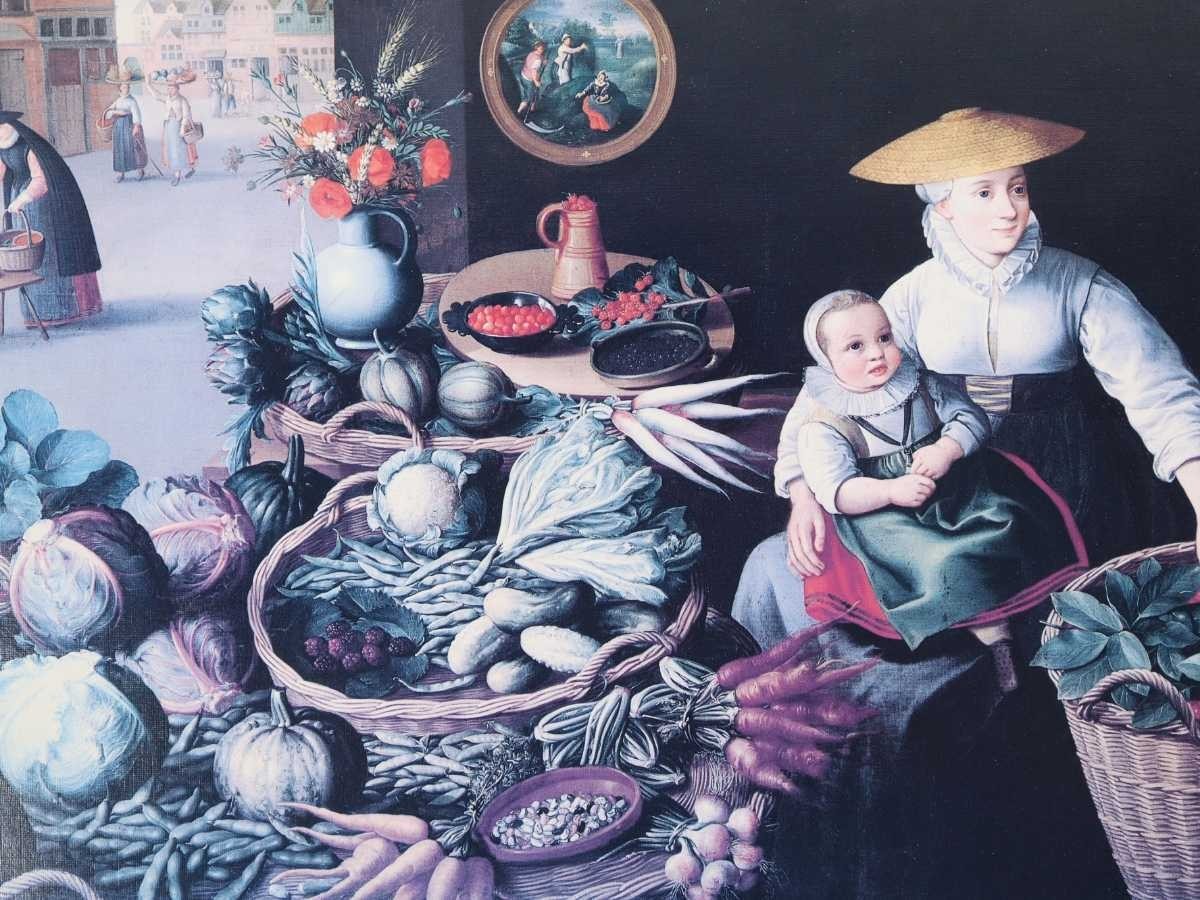 ルーカス・ファン・ファルケンボルフ 大塚工藝社オフセット「野菜市場」画40×20cm ベルギー人作家 市場で働く田舎の人々の生活を描く 6332_画像3