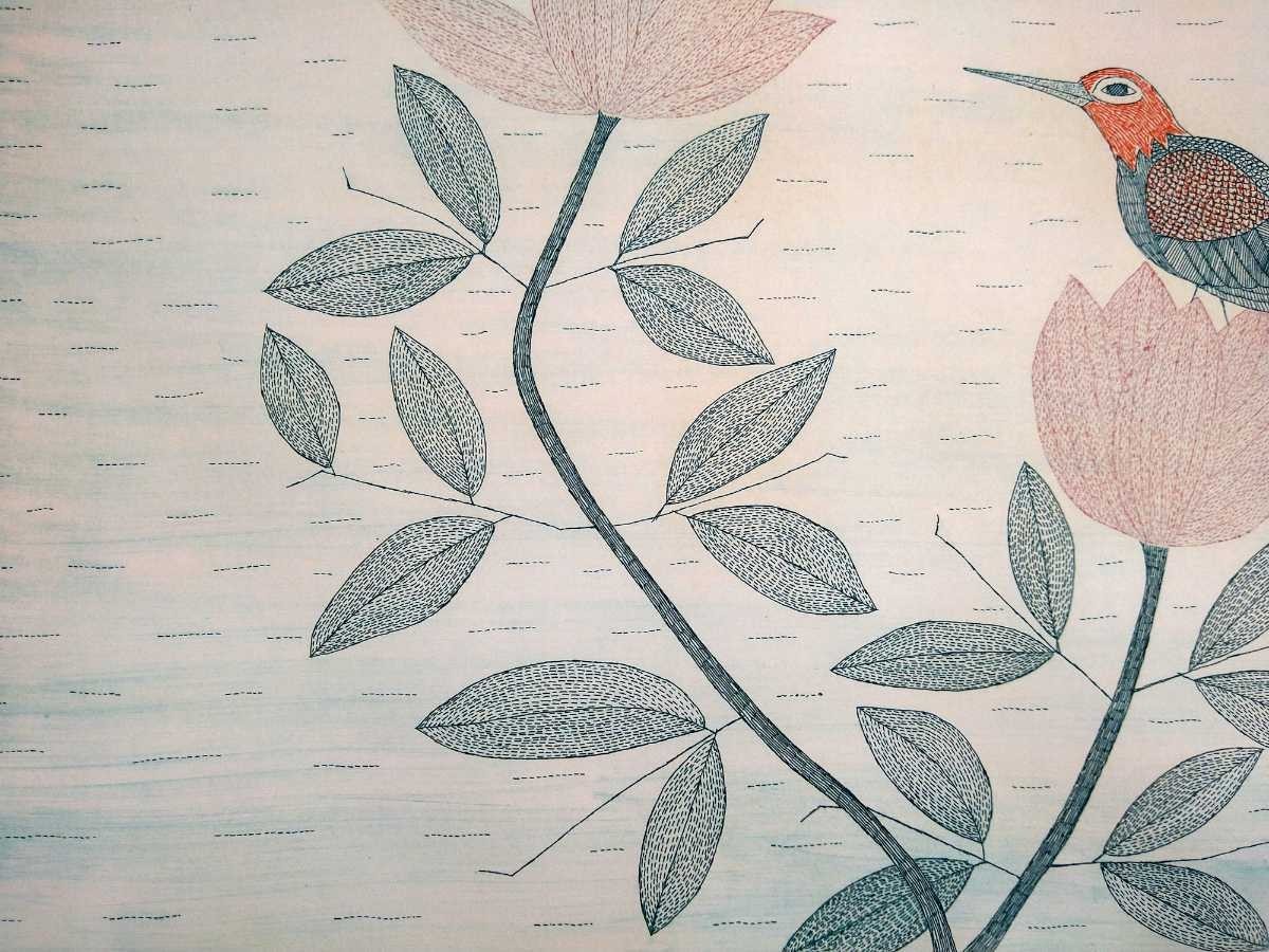 真作 南桂子 年銅版画赤い花と小鳥画寸  富山県出身