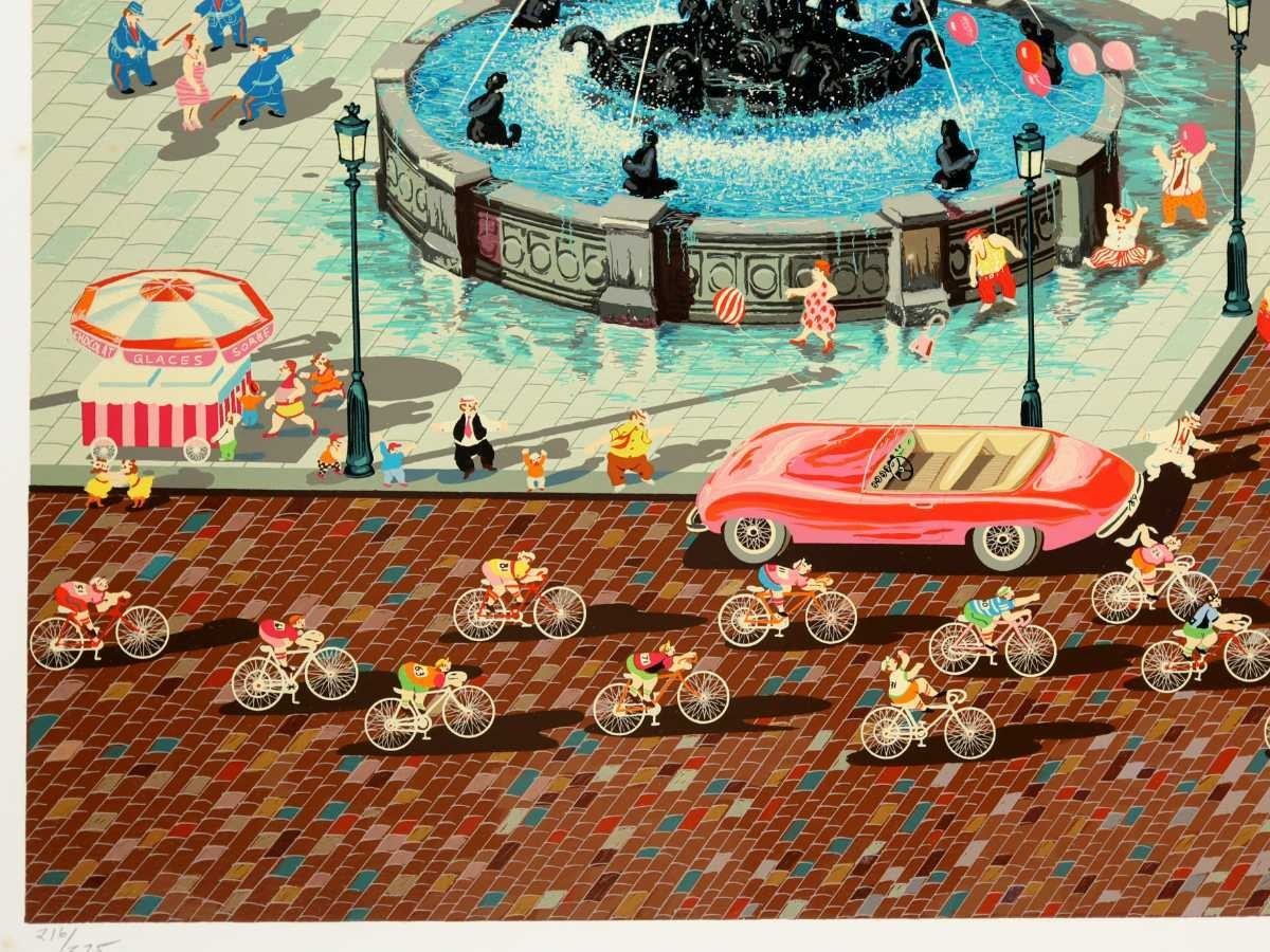 真作 ヒロ・ヤマガタ 1983年初期大判シルクスクリーン「ツール・ド・フランス」画 78×61cm パリ コンコルド広場を疾走の自転車と名車 5783_画像4