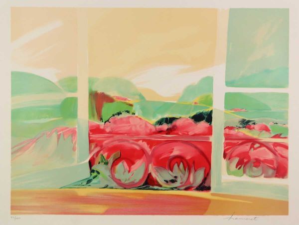 真作 クロード・エムレ リトグラフ「窓からの風景」画寸65cm×48.5cm フランス人作家 優しく柔らかな色彩表現 幻想的美しさの逸品 5432