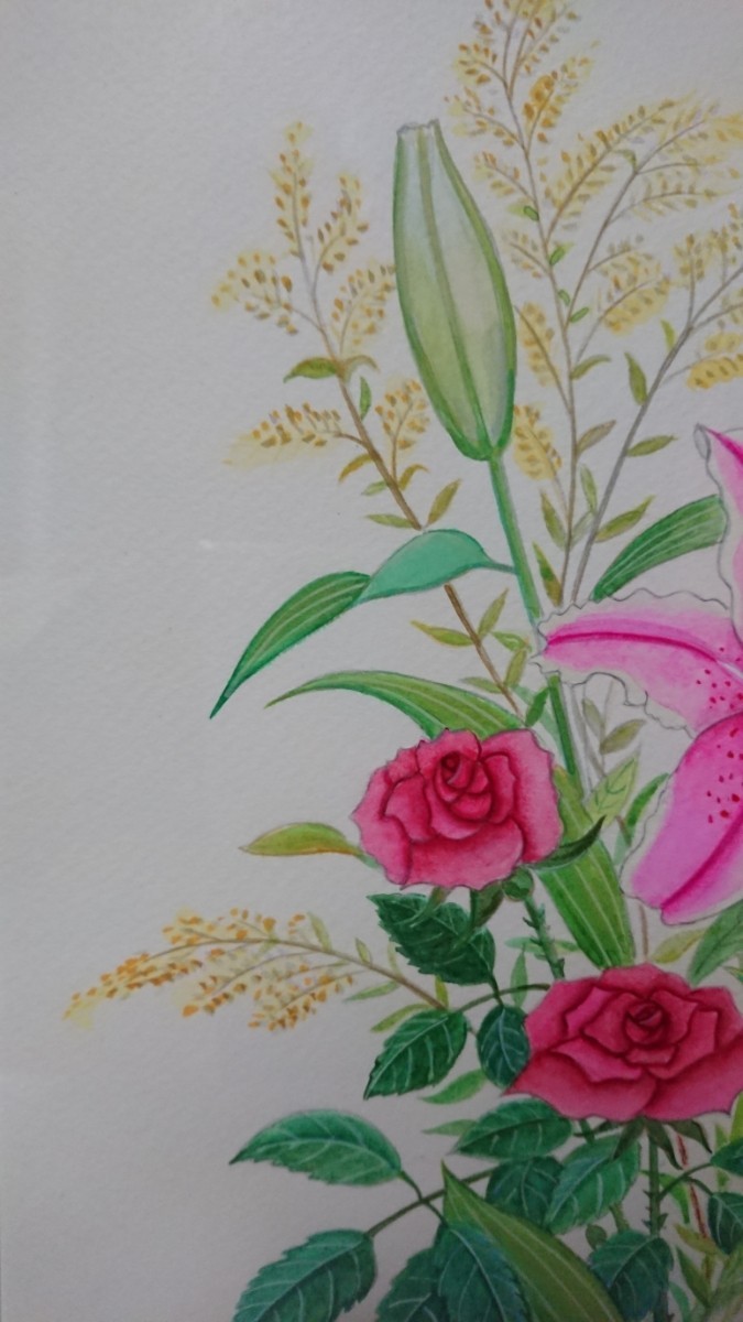 真作 木村真璃 2004年日本画「花束(ブーケ)」画寸 31cm×30cm バラやユリ、カーネーションなど美しい花々を瑞々しく描く 1265_画像5