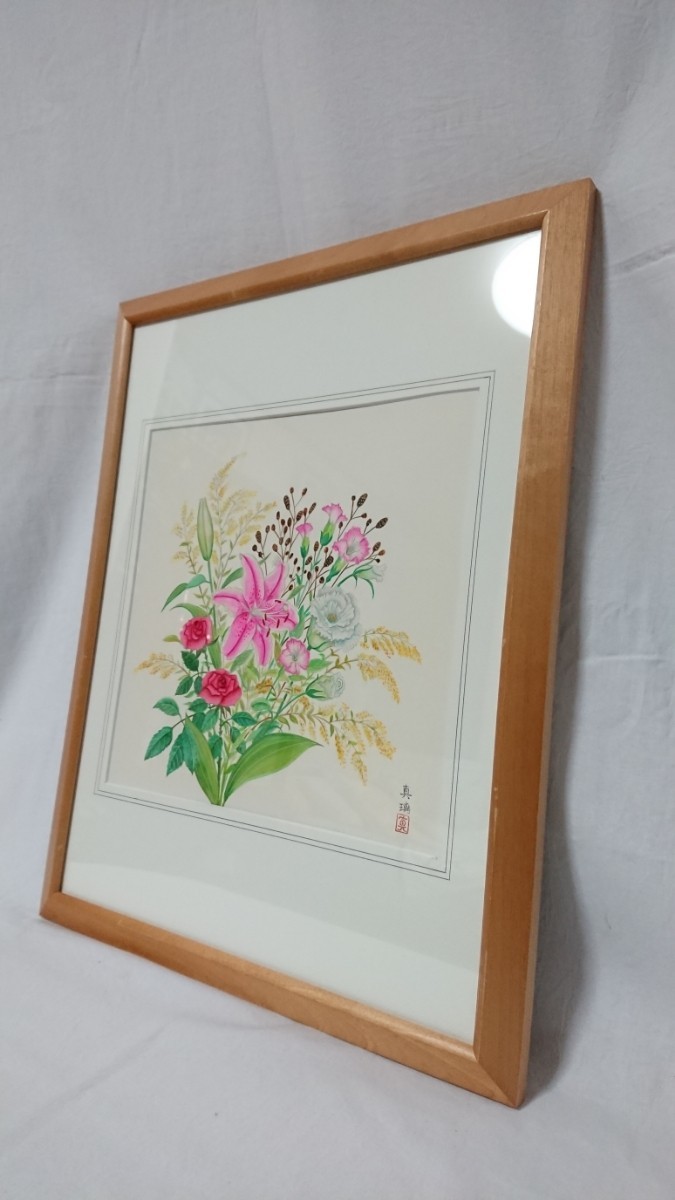 真作 木村真璃 2004年日本画「花束(ブーケ)」画寸 31cm×30cm バラやユリ、カーネーションなど美しい花々を瑞々しく描く 1265_画像9