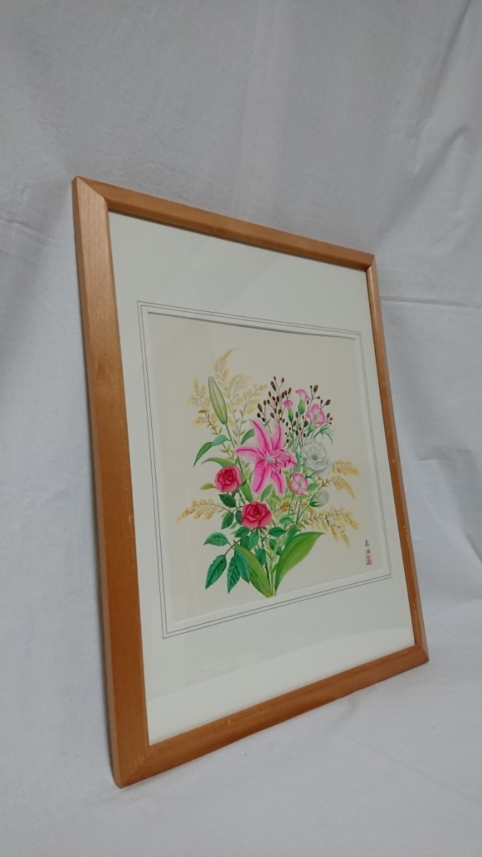真作 木村真璃 2004年日本画「花束(ブーケ)」画寸 31cm×30cm バラやユリ、カーネーションなど美しい花々を瑞々しく描く 1265_画像8