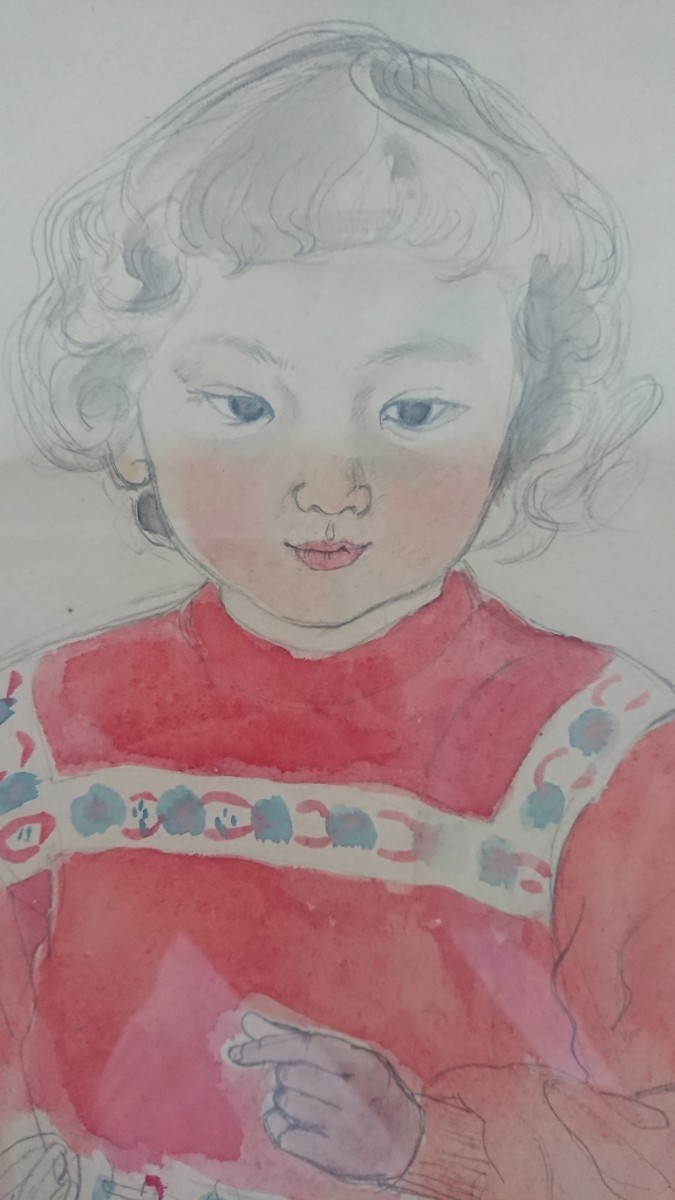 真作 田代正子 1950年水彩 鉛筆画「隣のとしこちゃん」画26×36cm 神奈川県出身 日展会友 堂本印象門下 可愛い表情、赤い洋服が印象的 1698_画像3