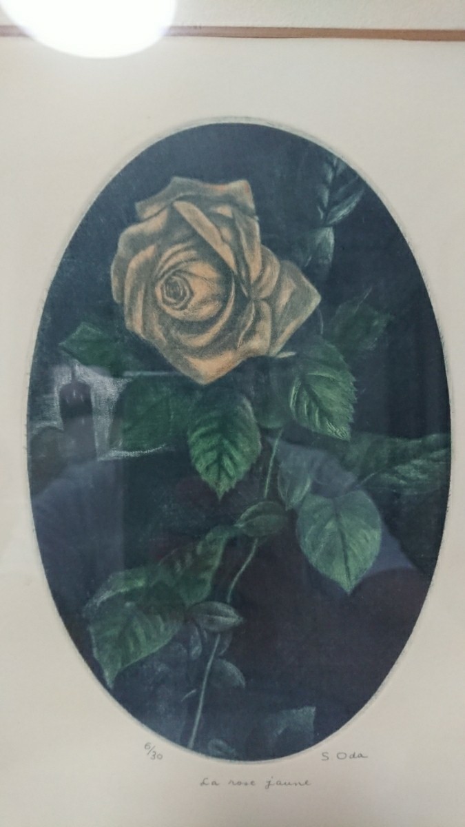 真作 織田繁 銅版画「la rose jaune 黄色いバラ」画寸 16cm×26cm 大阪府出身 自己内部の奥深いところから現われてくるものを表現 1303_画像2