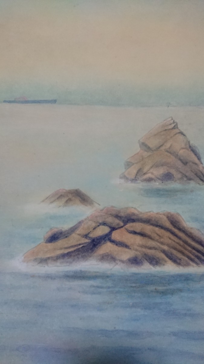 真作 岩井鶴二 2005年 日本画「夕暮れの海～二見浦」画寸 45cm×38cm 8号 落款有り 黄昏空に穏やかな海が広がる 1474_画像6