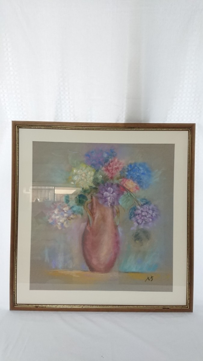 真作 堀野妙子 パステル「花瓶と花」画寸 50cm×52cm 大潮会委員 パステル画教室講師 淡い筆致で描かれた素敵な作品 1529_画像1