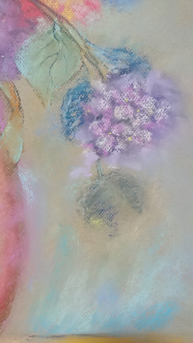 真作 堀野妙子 パステル「花瓶と花」画寸 50cm×52cm 大潮会委員 パステル画教室講師 淡い筆致で描かれた素敵な作品 1529_画像6