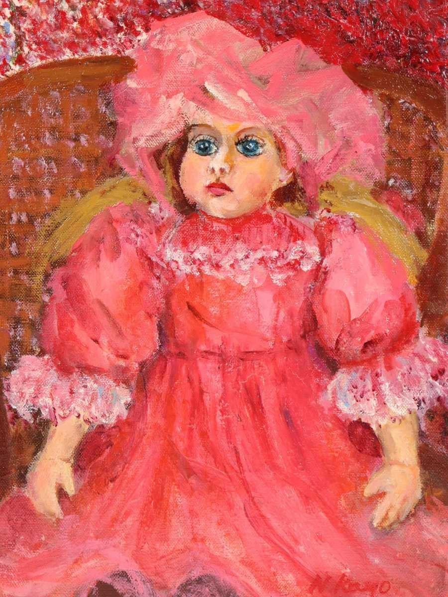 真作 中村佳世 1982年油彩「人形」画寸 24cm×33cm F4 大阪府出身 日本美術家連盟会員 真紅の衣装が素敵な可愛らしい西洋人形 5760_画像3
