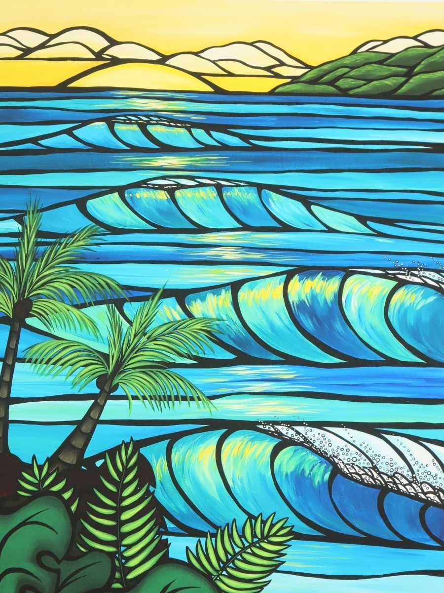 真作 ヘザー・ブラウン アートプリント「sunset swell」画20×25cm 米国作家 ハワイ在住 サーフアート 単純化した構図 色彩豊かな配色 6217_画像3