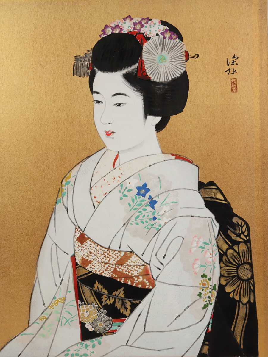 伊東深水 岩絵具方式複製「婦人像」画寸 45cm×57cm 東京都出身 日本芸術院会員 鏑木清方に師事 凜とした表情、気品ある和装女性 6636_画像3