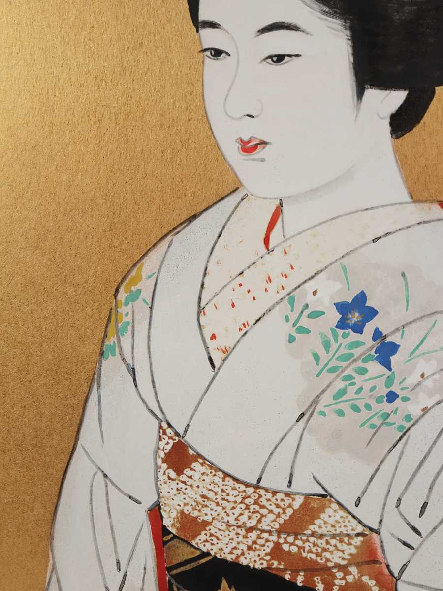 伊東深水 岩絵具方式複製「婦人像」画寸 45cm×57cm 東京都出身 日本芸術院会員 鏑木清方に師事 凜とした表情、気品ある和装女性 6636_画像5