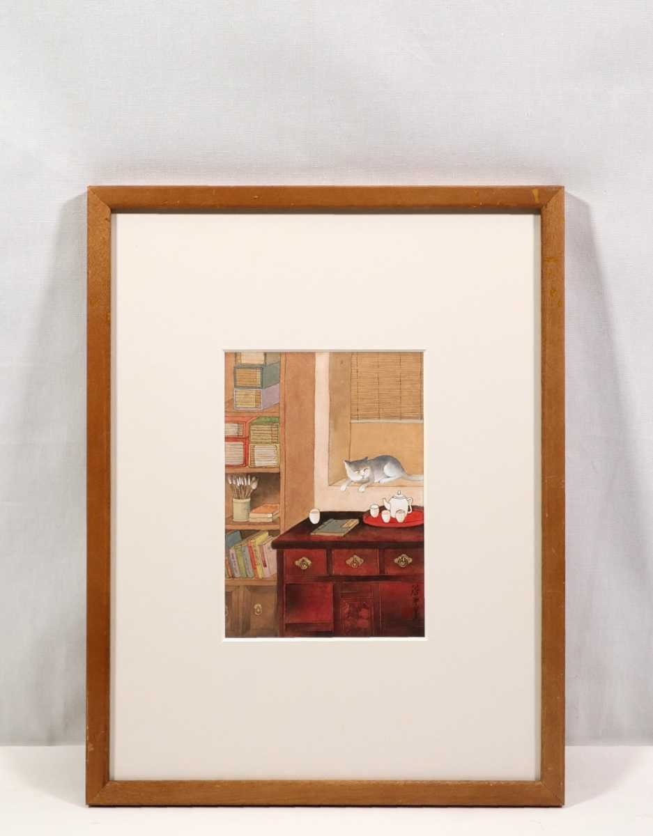 真作 余啓平 YU QI PING 木版画+手彩色「書斎のある風景」画寸 13cm×19cm 中国人作家 可愛らしい猫が印象的な室内画 6219