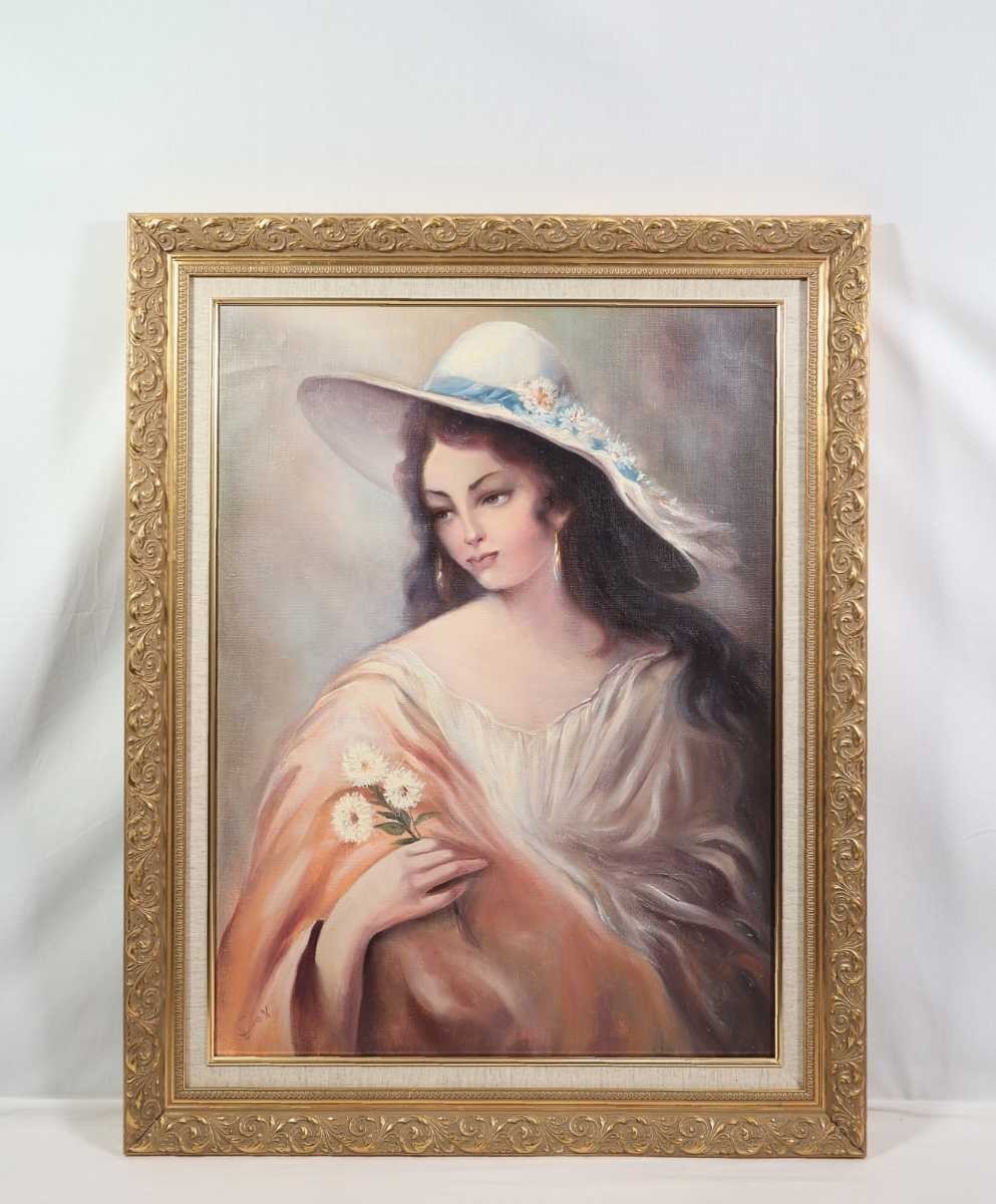真作 山本悦子 1996年大作油彩「花を持つ女性」画寸 P25 東京都出身