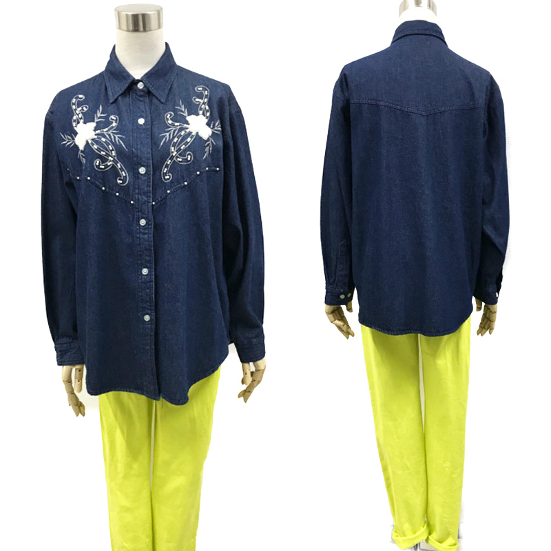  б/у б/у одежда прекрасный товар Denim рубашка длинный рукав вышивка жемчуг style украшение указанный размер F свободный размер хлопок хлопок голубой женский tops 
