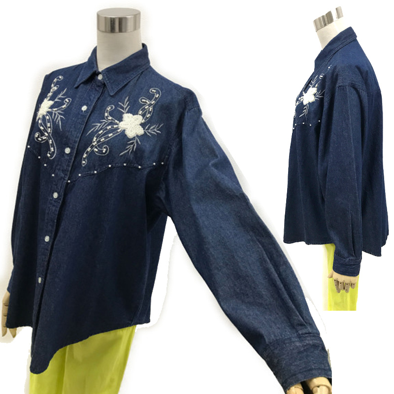  б/у б/у одежда прекрасный товар Denim рубашка длинный рукав вышивка жемчуг style украшение указанный размер F свободный размер хлопок хлопок голубой женский tops 