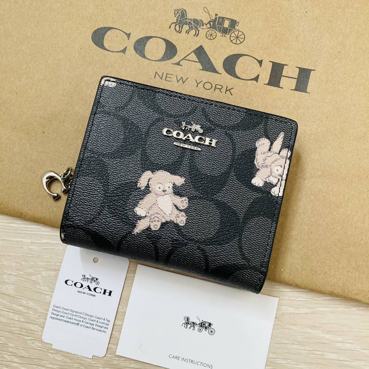 ☆ COACH コーチ 921 スモールウォレット ミニウォレット 二つ折り財布 シグネチャー ドッグプリント 犬 チャコール グレー 黒 ☆ 