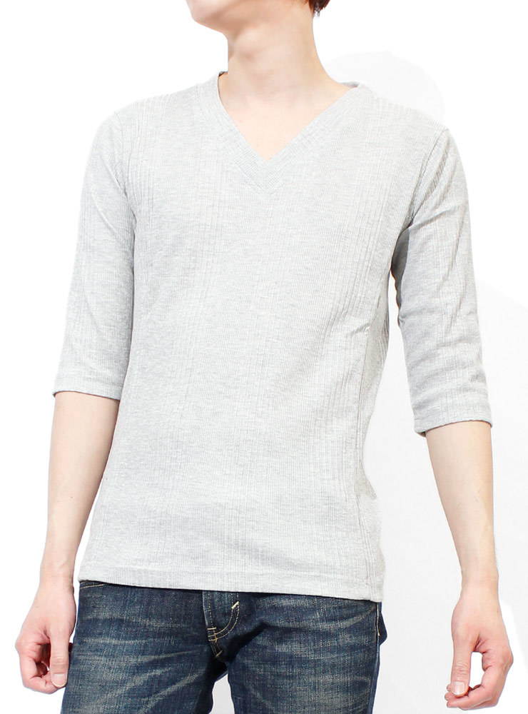 【新品】 XL グレー(7分袖) Tシャツ メンズ 大きいサイズ 小さいサイズ Vネック 七分袖 無地 テレコ素材 ストレッチ カ_画像1