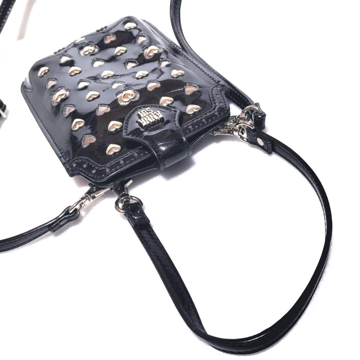 ANNA SUI アナスイ 2way ショルダーバッグ ミニポーチ エナメル ブラック×シルバー 小物入れ
