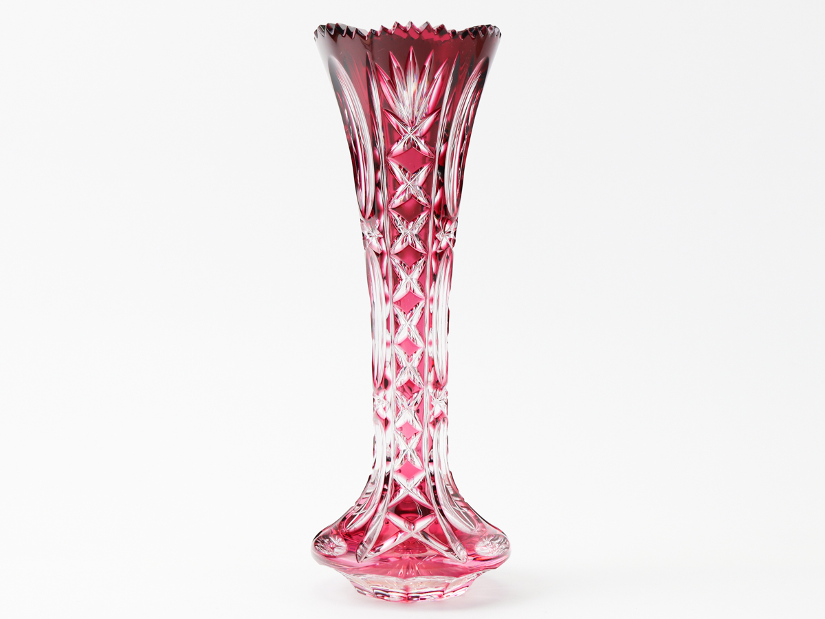 ボヘミアガラス レッド 切子 クリスタル 花瓶 24cm 花挿し 美品