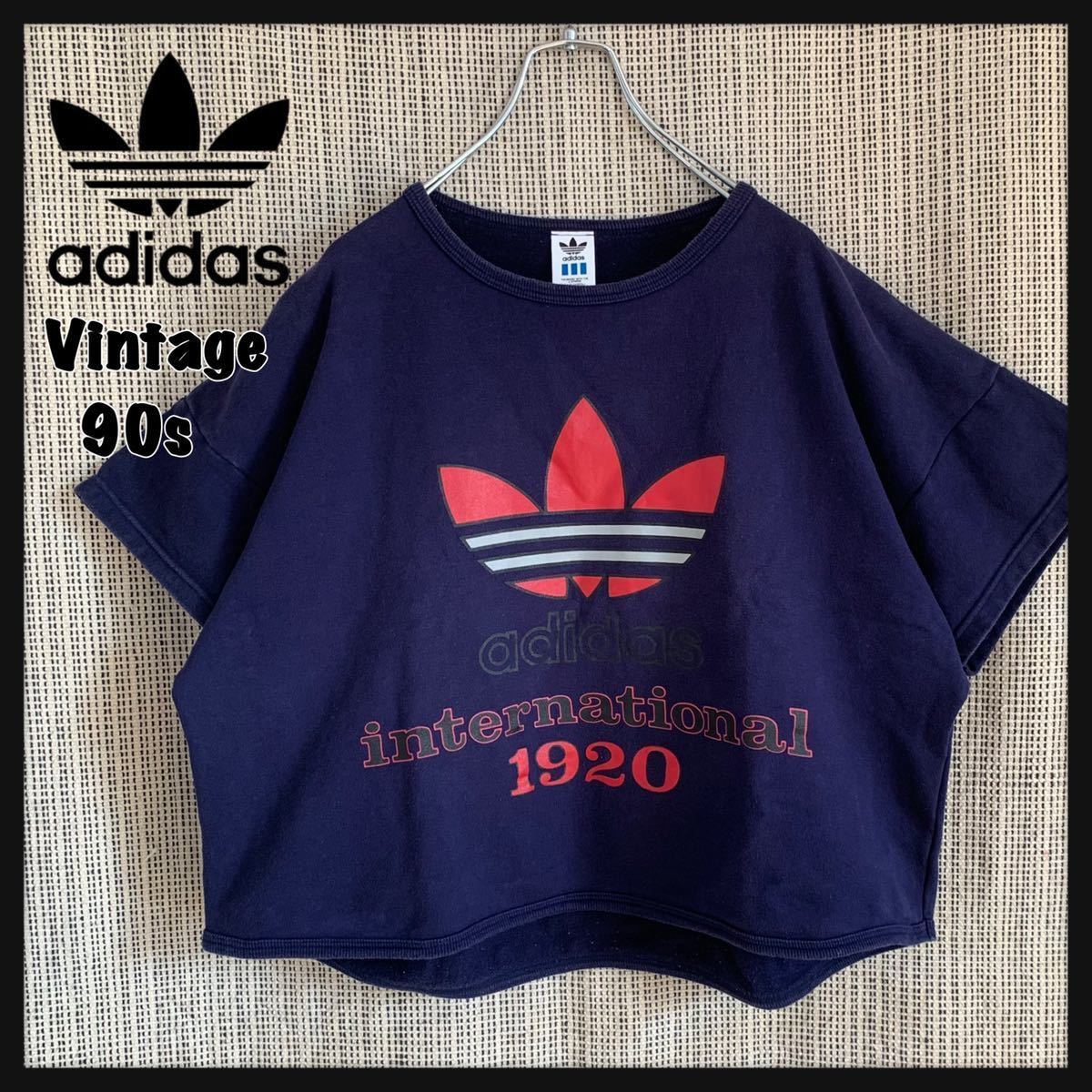 【人気】90s adidas アディダス 半袖 スウェット トレーナー トップス ショート丈 リメイク デサント ヴィンテージ_画像1