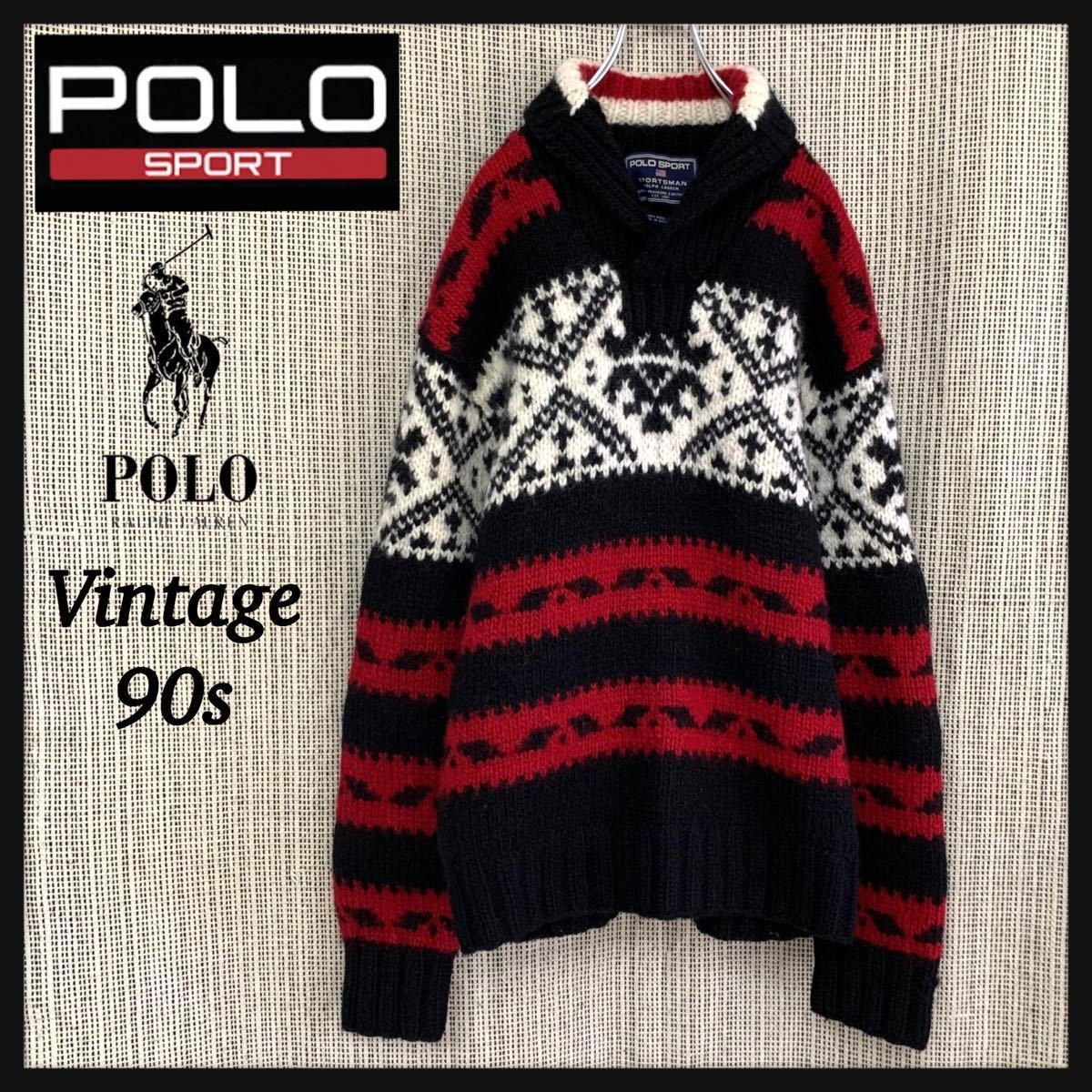 【超希少】90s POLO SPORT ポロスポーツ ラルフローレン セーター スノーフレーク ノルディック ローゲージ ショール /RRL1992 1993 当時物