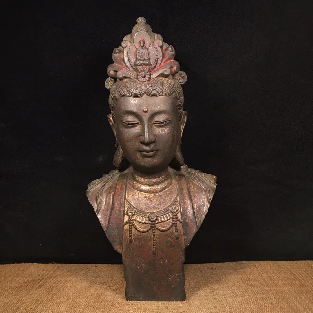 超美品 『清・乾隆年製款・仏教古美術・古銅彫・菩薩首・置物』極細工