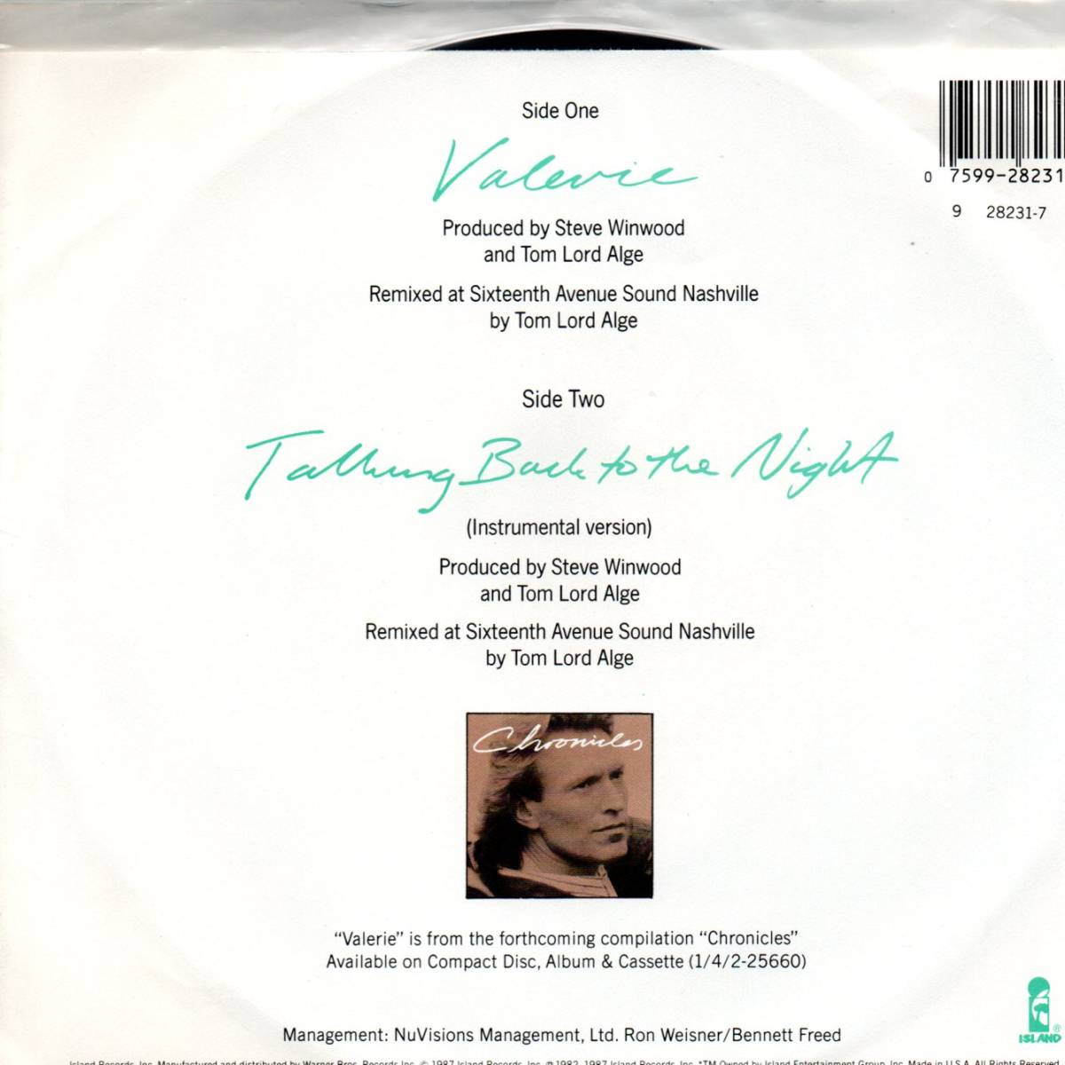 Steve Winwood 「Valerie/ Talking Back To The Night (Inst)」米国盤EPレコード_画像4