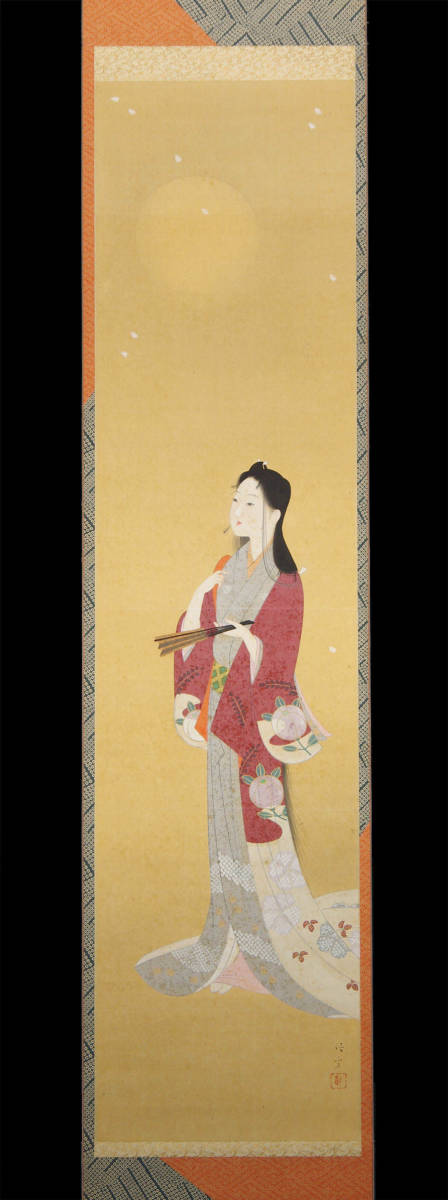 鏑木清方 月下桜美人図 美人画 肉筆 絹本 合箱 書画 掛軸 日本画 明治 販売スペシャル 鏑木清方美人図掛軸 工芸品
