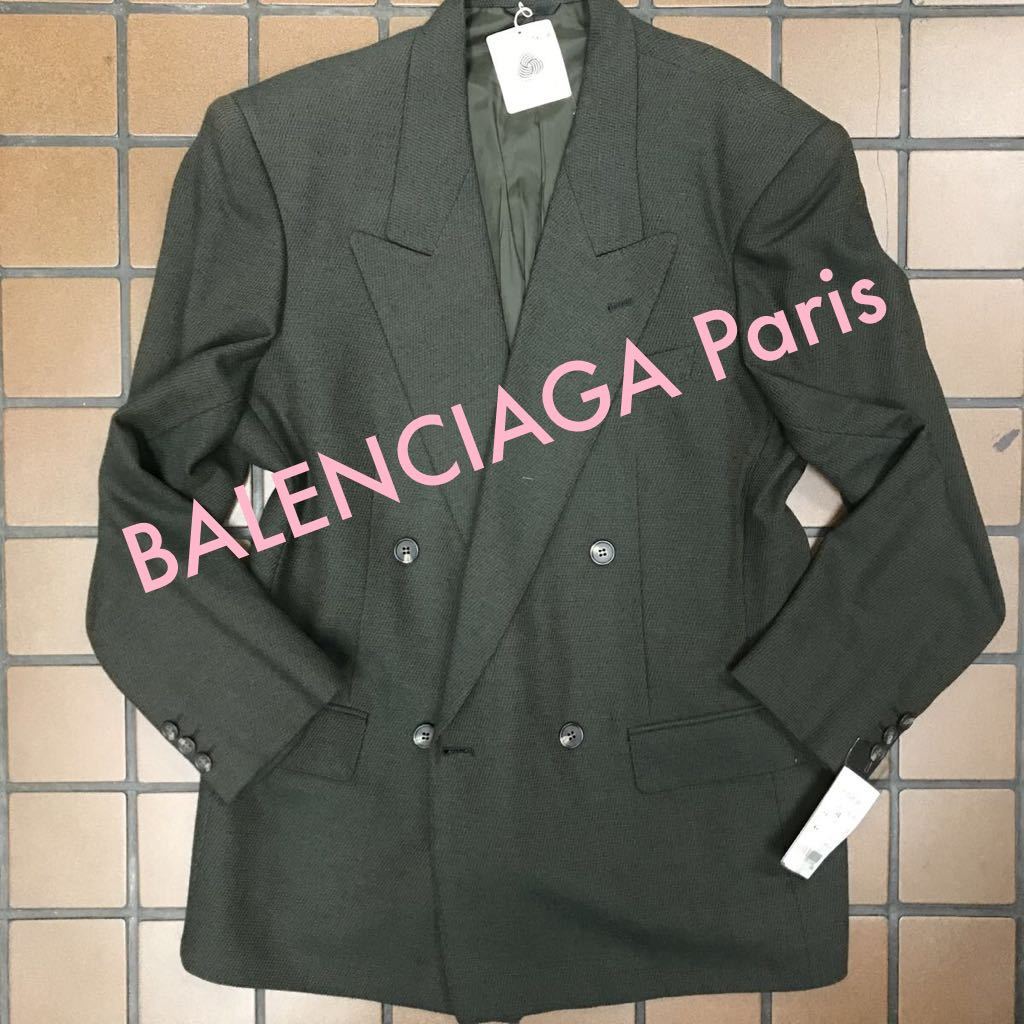 激安新品タグ付きBALENCIAGA Parisビンテージダブルテーラードジャケットモスグリーン系朱子織柄サイズA4 日本製メリノウール100% レア