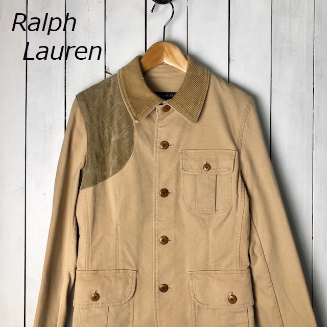 90s～00s Ralph Louren ハンティングジャケット シューティングジャケット 7 ベージュ ラルフローレン レザーパッチ 切替え 日本製 ●83