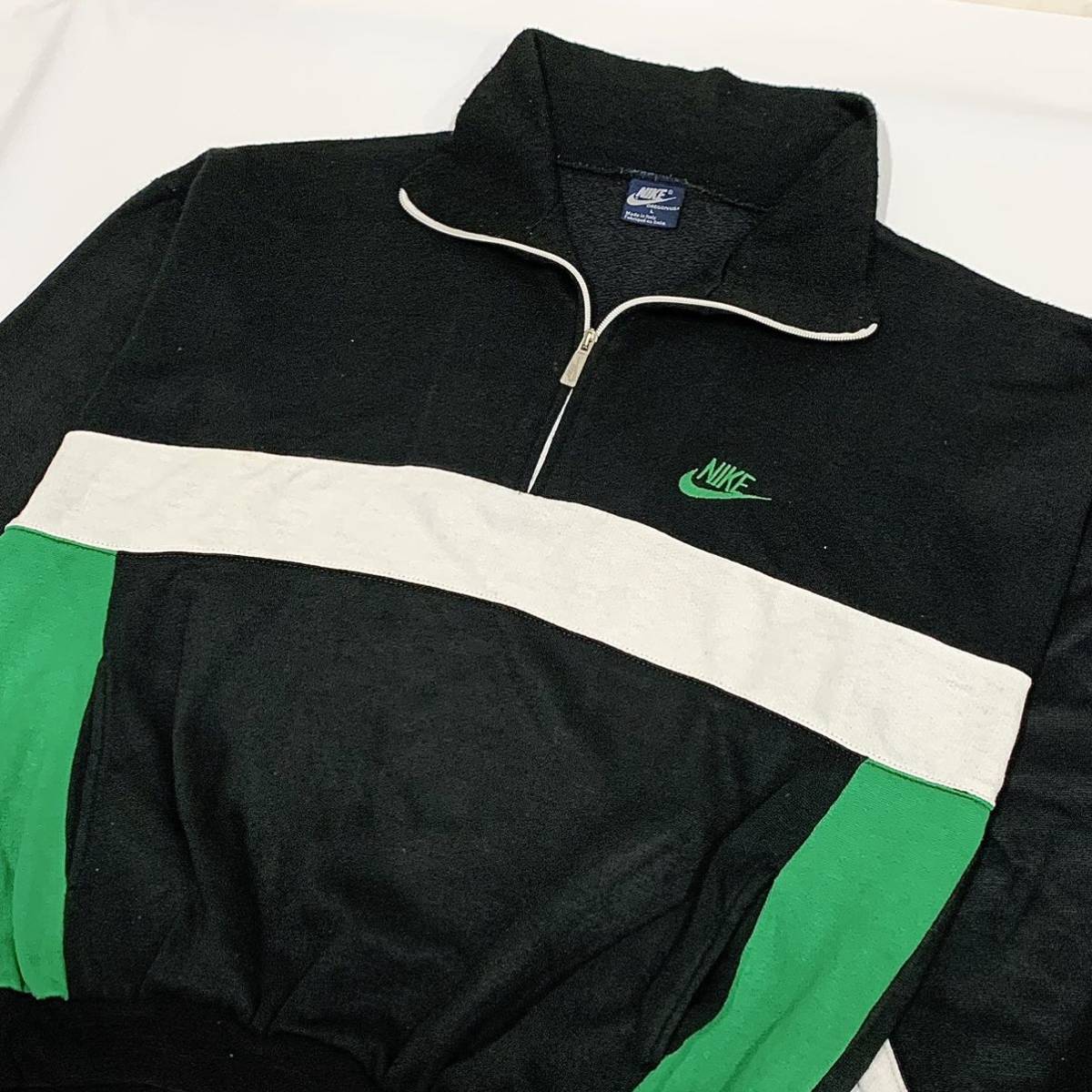 希少 NIKE (ナイキ) 80s イタリア製 ヴィンテージ 紺タグ OREGON USA アノラック型 ハーフジップ スウェット 黒白緑 L 古着 ジャージ