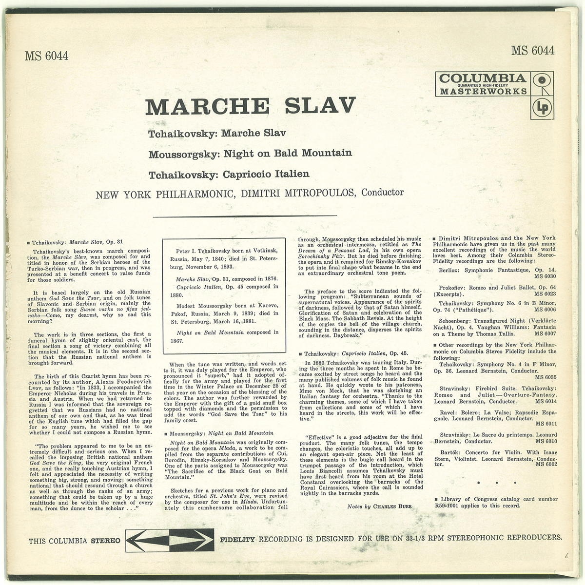 米Columbia MS6044 チャイコフスキー「スラヴ行進曲」 ミトロプーロス ＮＹフィル 2