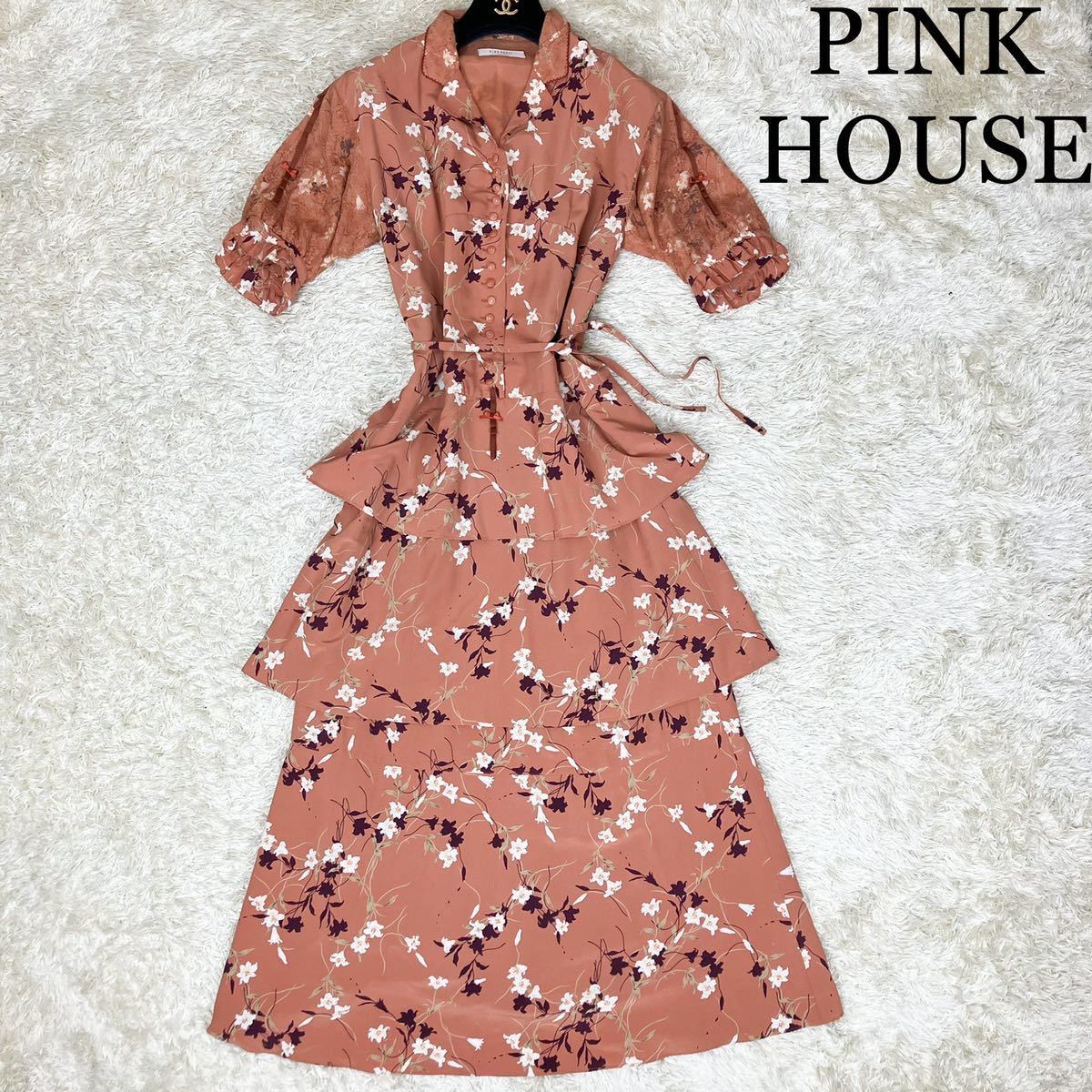 人気ブランドの 袖襟リボン 花柄3段フリルロングワンピース ピンク 