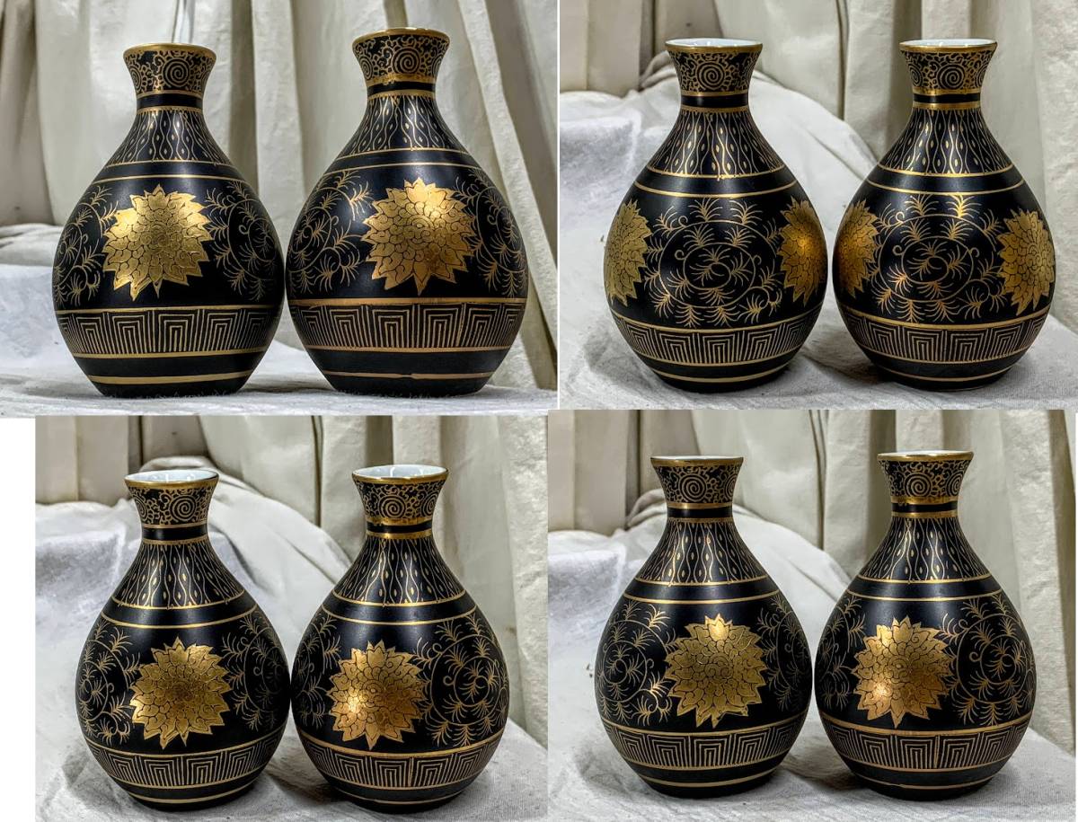  rare retro that time thing Kutani . mountain work Zaimei gold-painted porcelain black . Tang . flower . sake bottle sake cup / sake cup . customer sake cup and bottle . original box collection antique passing of years storage goods 