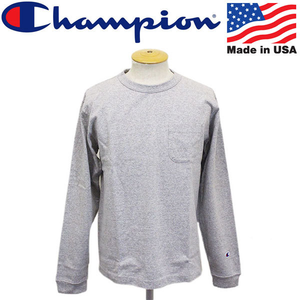 Champion (チャンピオン) C5-P401 LONG SLEEVE T-SHIRT ポケット付き ロングスリーブTシャツ アメリカ製 CN044 070オックスフォードグレー