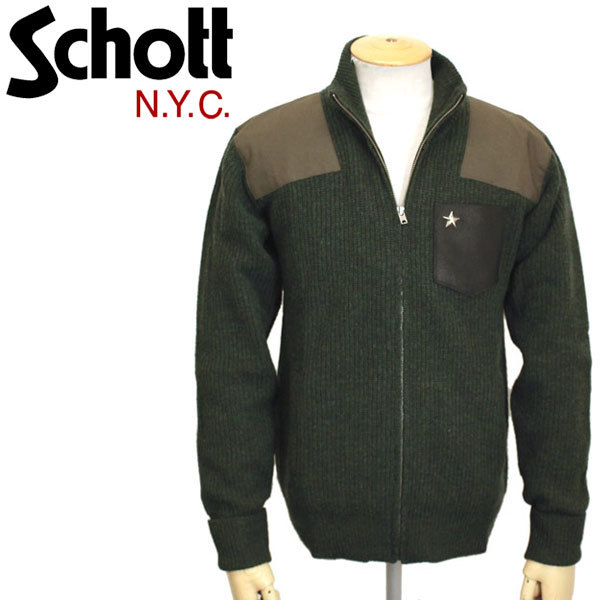 Schott (ショット) 3184008 SCH-LEATHER POCKET COMMAND SWEATER FULL ZIP レザーポケットコマンドセーター フルジップ 全3色 75OLIVE-S_Schott