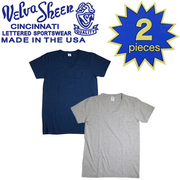 Velva Sheen (ベルバシーン) 160922 2PAC V/N PK TEE (半袖 V首 ) VネックTシャツ ポケット有り 2枚組 全10色 VLVS004-ネイビー+ヘザーグレ