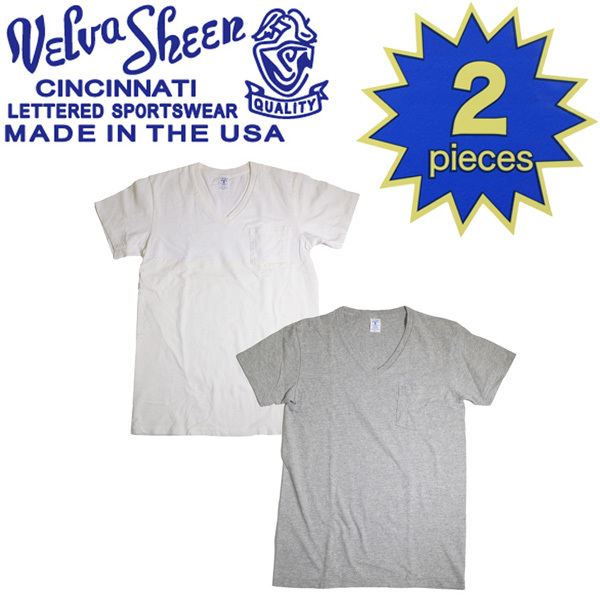 Velva Sheen (ベルバシーン) 160922 2PAC V/N PK TEE (半袖 V首 ) VネックTシャツ ポケット有り 2枚組 全10色 VLVS004-ホワイト+ヘザーグレ