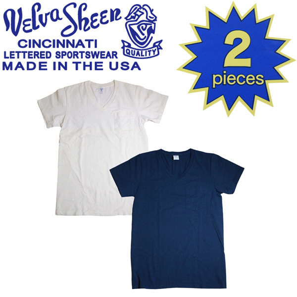 Velva Sheen (ベルバシーン) 160922 2PAC V/N PK TEE (半袖 V首 ) VネックTシャツ ポケット有り 2枚組 全10色 VLVS004-ホワイト+ネイビー-S