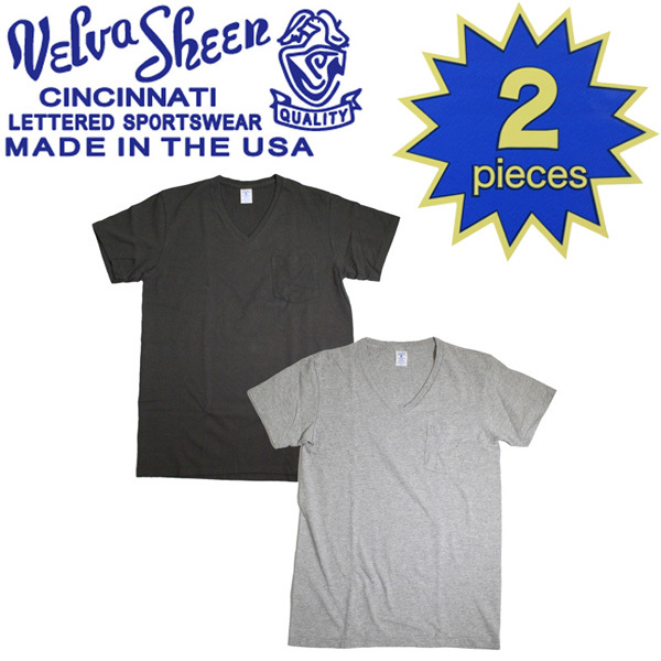 Velva Sheen (ベルバシーン) 160922 2PAC V/N PK TEE (半袖 V首 ) VネックTシャツ ポケット有り 2枚組 全10色 VLVS004-ブラック+ヘザーグレ_VelvaSheen(ベルバシーン)正規