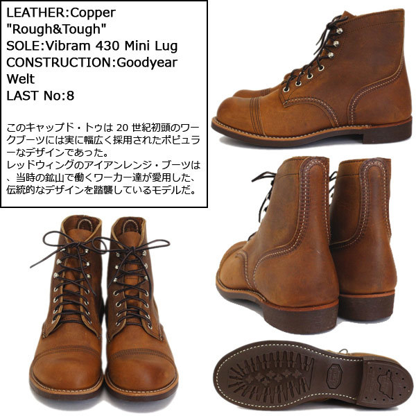 2017-2018年 新作 REDWING (レッドウィング) 8085 Iron Range (アイアンレンジブーツ) カッパーラフアンドタフ US8.5D-約26.5cm_REDWING(レッドウィング)正規取扱