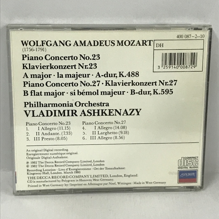 CD MOZART:K488＆K595 PHILHARMONIA ORCHESTRA/VLADIMIR ASHKENAZY_画像2