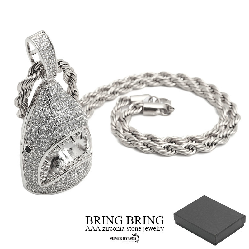 シャークネックレス ブリンブリン サメ 鮫 パヴェ 18k GP ペンダント トップ ロープチェーン ストリート系 B系 シルバー