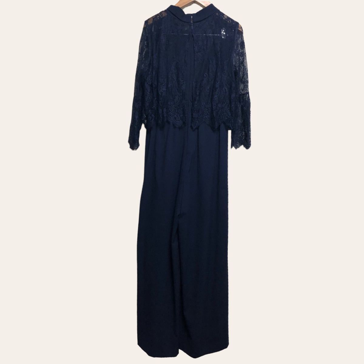 美品 フレキシン 定価15404 ハイカラーネックレースドッキングシアースリーブパンツドレス オールインワン