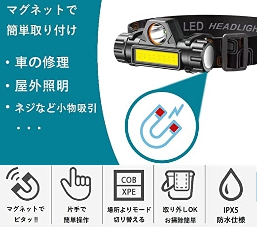 □超高輝度 ２LED ヘッド ワーク ライト ☆3/ USB Type-B 大容量充電池内臓 防水 マグネット付 スポット/ワイド/RZ250/SR400/Z2/CB/_画像8