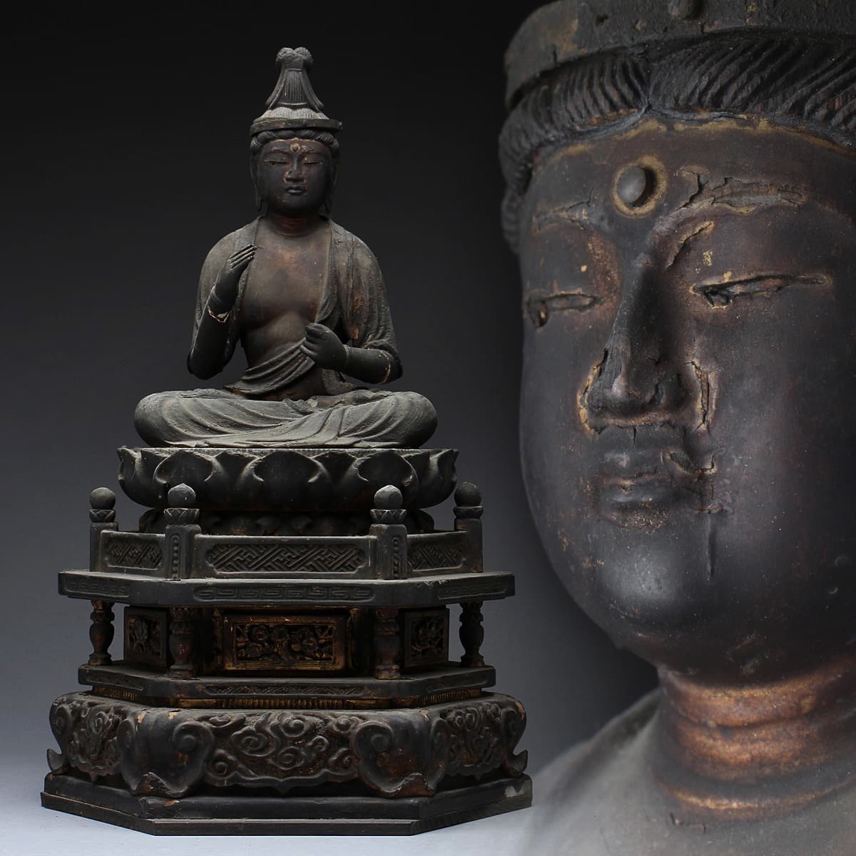 EA037 時代物 玉眼入 木造観音菩薩坐像 全高38.2cm/仏高20cm・木造玉眼