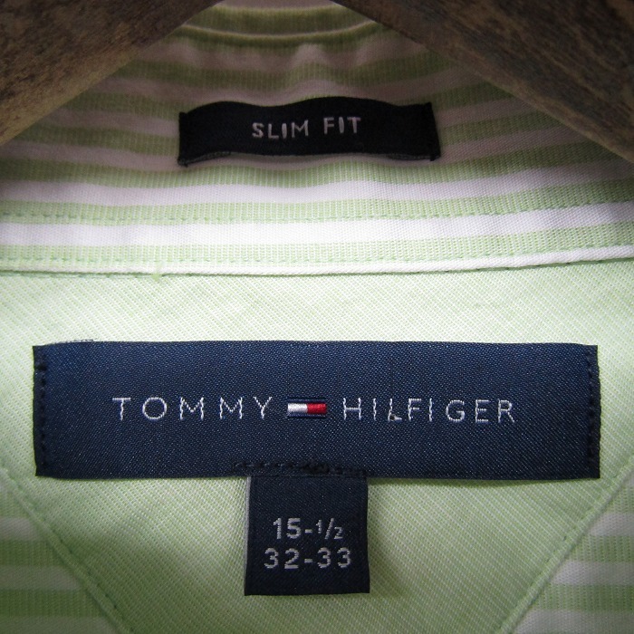 TOMMY HILFIGER サイズ 32-33 L~ ワイドカラー シャツ 長袖 SLIM FIT 無地 グリーン系 トミーヒルフィガー 古着 ビンテージ 2O1273_画像3