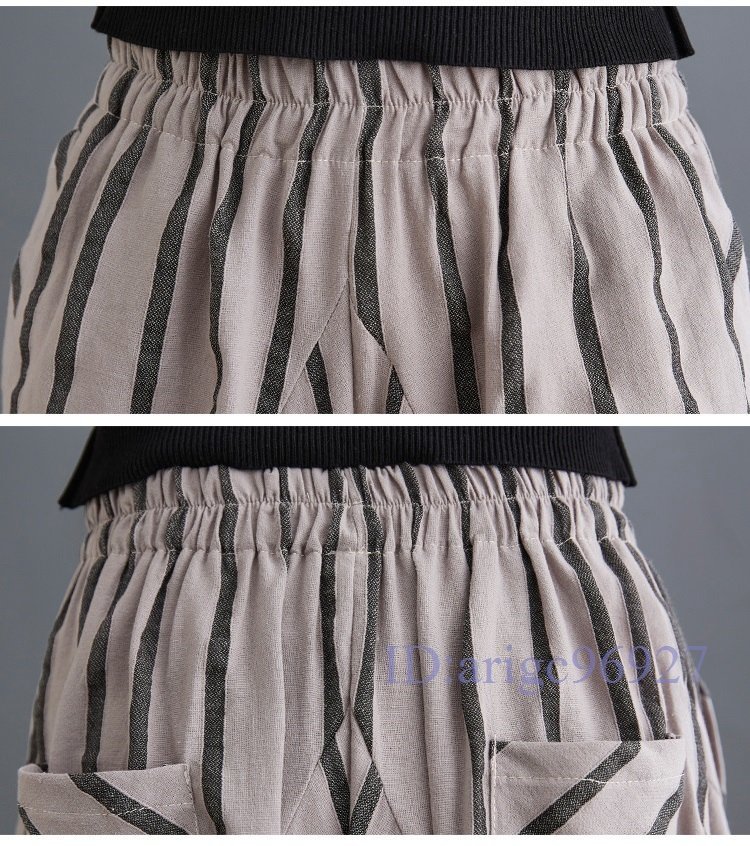 R950* new goods L-XL size summer gaucho pants cotton flax linen wide pants border pattern bottoms large size casual waist rubber beige 
